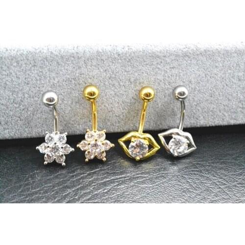 50PCS Surgical Steel CZ Navel Belly Ring Button Bar 14G Navel Rings Body Piercing Jewelry Flower/Mouth Shape NEW