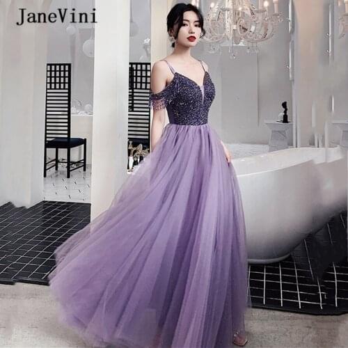 JaneVini Charming Purple Long Prom Dresses 2020 V Neck Beading Sleeveless Tulle Floor Length A Line Prom Party Gowns for Women