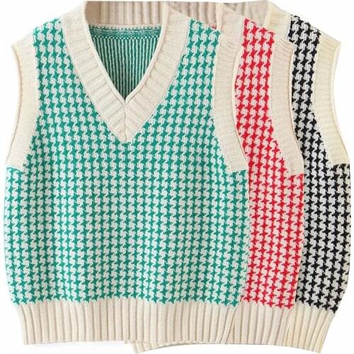 2021 women College style V Neck Pullovers Knit vest casual sweater Ladies Houndstooth Knitwear Tank Top Knitted Jumper Colete