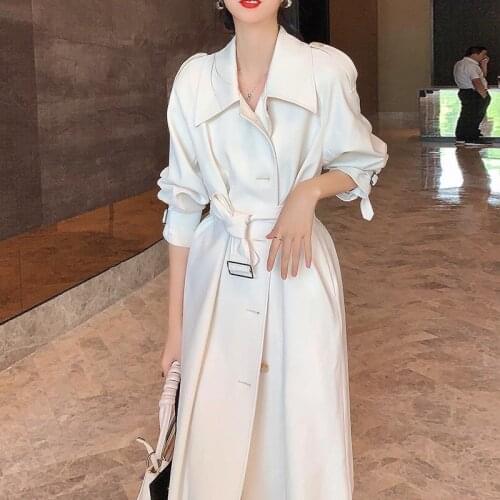 Spinrg Autumn Womens Trench Coat Long Sleeve Vintage Overcoat 2021Lady lapel Sashes Knee Length White Outerwear Windbreaker top