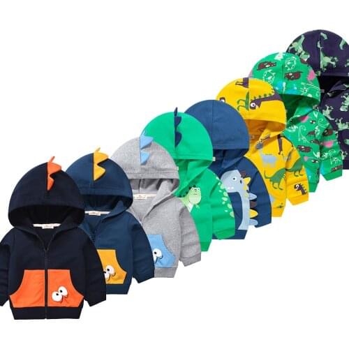 Spring Autumn Boy Clothes with Pocket Children Sweatshirt Cartoon Dinosaur Toddler Zip Up Coat Black Blue Gray Hooded Sweatshirt