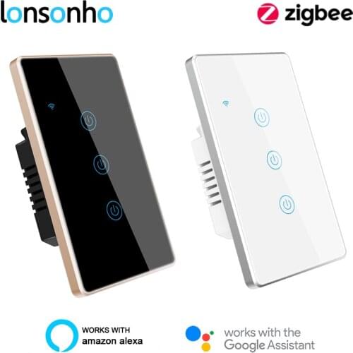 Lonsonho Tuya Zigbee Smart Switch US 110V Neutral Wire Required Metal Frame Glass Touch Panel Light Switch Alexa Google Home