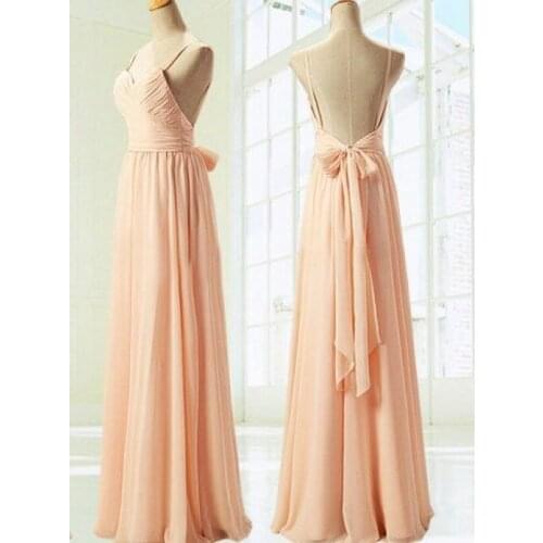 Retro Long Peach Chiffon Sweetheart Bridesmaid Dresses with Pockets Floor Length Open Back with Bow Robes de Soirée for Women
