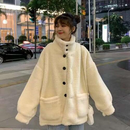 Vintage Beige Teddy Fur Jacket Coat Women Casual Warm Soft Stand Collar Overcoat Fluffy Cozy Loose Elegant New Outerwear Jerse