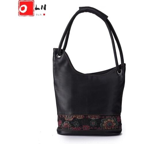 OLN Vintage Women Embossed Flower Tote Bag Luxury Genuine Leather Ladies Shoulder Bags Female Retro Design Shopper Handbag
