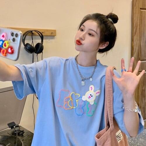 2021 summer new loose foaming process printing short-sleeved T-shirt female cute round neck top ins tide Harajuku style