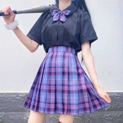 Women Purple Skirt Black Shirt Sets Pleated Plaid Skirt High Waist Mini Sexy Skirts JK School Uniform Cosplay Anime Sailor Suit