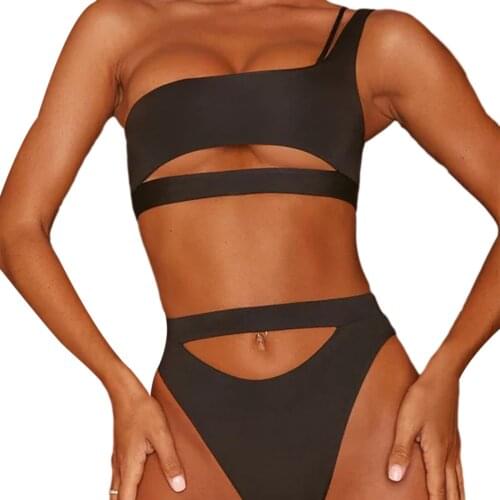 Tight Two Piece Women Bikini Sets Single Should Bandage Cut Out Bra Navel Cut Out Briefs 2021 New Female Beachwear