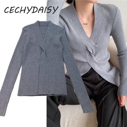 Y2k Sweater Women Sexy V-Neck Long Sleeve Slim Thin Korean Fashion 2021 Autumn Winter Solid Knitted Pullovers Jumper Traf Top Za