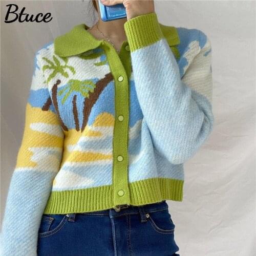 2021 Women Paint Coconut Tree Print Knitted Sweaters Female Turn Down Collar Long Sleeve Single Breasted Cardigans Spring Autumn