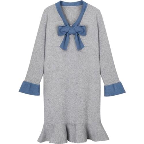 New Chic Autumn Winter Plus Size Bow Women Knitted Dresses Party Vestidos long Sleeve Lady Ruffles Sweater Dresses Bottoms WZ124