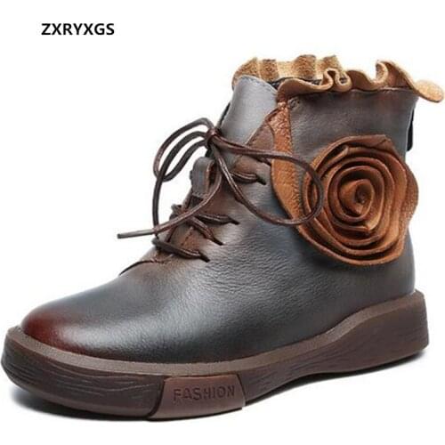 100% Top Full Cowhide Autumn and Winter Boots Classic Retro Handmade Flowers Fashion Boots Flat Comfortable Shoes Womens Boots