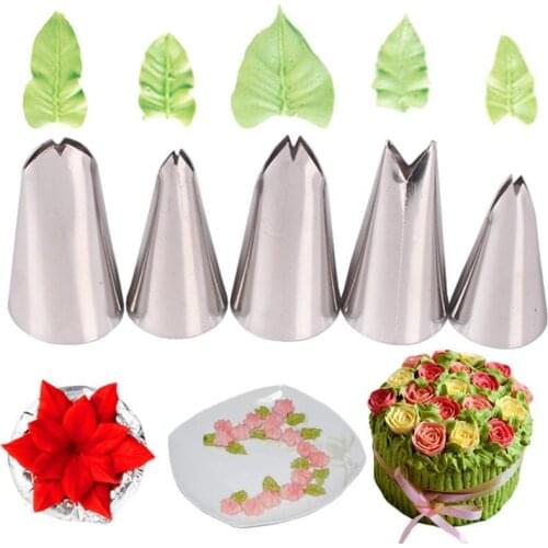 5 Pcs Set Stainless Steel Icing Piping Nozzles Tips Leaves Nozzles Pastry Tips For Cake Decorating Pastry Fondant DIY Cake Tools