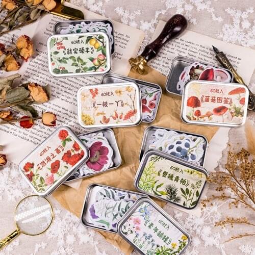 60 pieces Tin box In Nature Plant Flowers Mushroom Series Creative Hand Account Decoration DIY Stickers