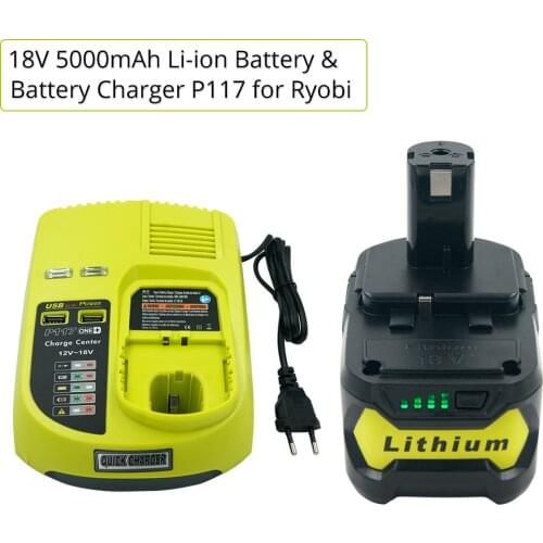 Battery+Charger Set )18V 5000mAH Lithium Rechargeable Battery RB18L40 for Ryobi P108 + New P117 Charger for Ryobi 9.6V-18V