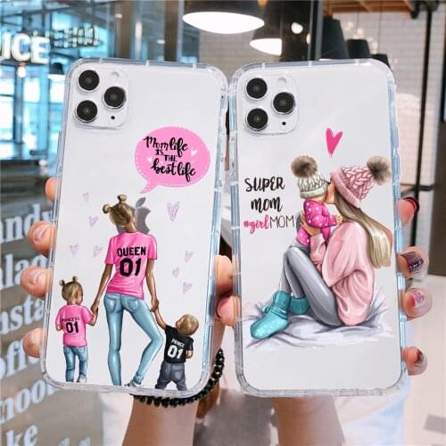 PUNQZY Fashion MaMa of Girl Boy Mom Baby Cute Phone Case For iPhone 12 PRO XR 7 8 Plus X XS MAX 11PRO Transparent Soft TPU Cover
