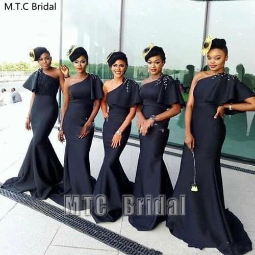 One Shoulder Black Mermaid African Bridesmaid Dresses White Pearls Elastic Satin Plus Size Maid Of Honor Black Girls Dress
