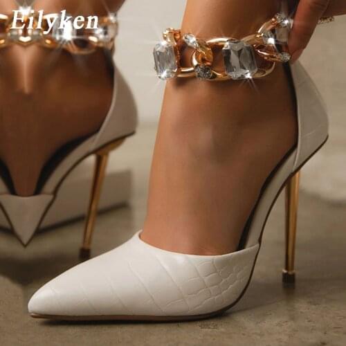 Eilyken Autumn New Fashion Woman Pumps 2021 Elegant Crystal Chain Sexy Pointed Toe Metal Thin High Heels Ladies Shoes Sandals
