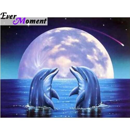 Ever Moment Diamond Painting Store Photo Mosaic Dolphin Lovers Moon Mosaic Diamond Embroidery Animals Home Decoration ASF919