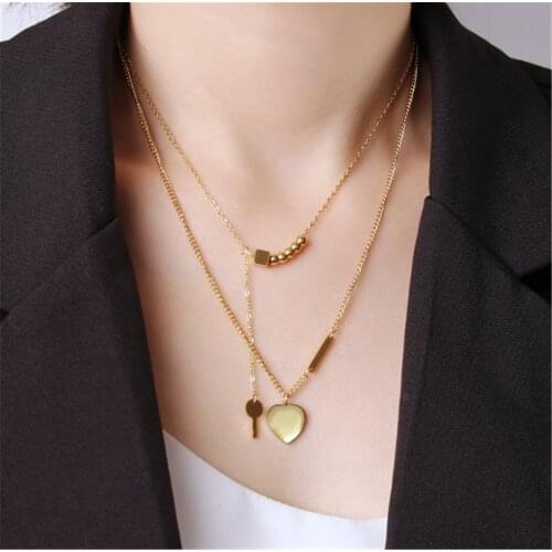 316L Stainless Steel Gold Double Love Lock Round Beads Multi Pendant Hip-hop Womens Necklace Never Fade