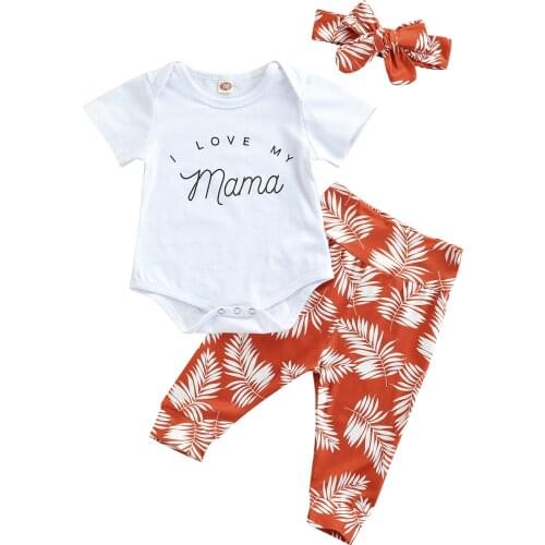 0-18M Newborn Baby Girls Clothing Set Short Sleeve Cotton Letter Romper Bodysuit + Floral Pants + Headband 3Pcs Summer Clothing