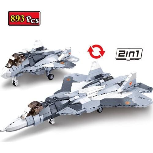 WW2 Military Series 2-in-1 Russian SU-57 Stealth Fighter SU-27 MOC Model Building Blocks Bricks Toys Christmas Gifts