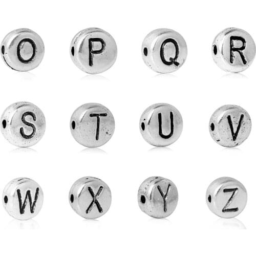 O to Z Letter Spacer Beads Flat Round dull silver color Alphabet/Letter About 7mm(2/8") Dia,Hole:Approx 1.2mm,100 PCs