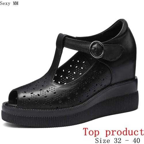 Loafers Platform Women Shoes Peep Toe Wedges High Heels Wedge High Heel Shoes Genuine Leather Small Plus Size 32 33 - 40