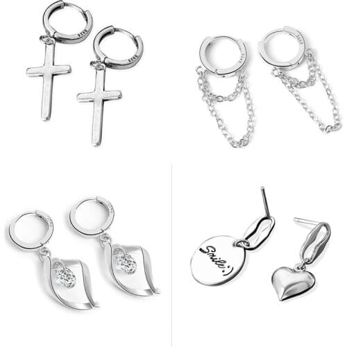 Cross chain heart Small Hoop Earrings Set For Women Trendy Punk Simple Metal silver Color geometric square Stud Earrings Jewelry