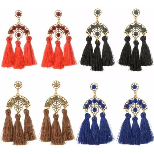 Rhinestone Statement Ethnic Red Black Tassels Earring For Women Vintage Long Fringe Drop Earring Resin Big Metal Brincos Jewelry