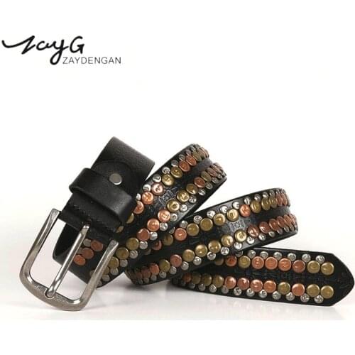 ZAYG New Punk High Quality Men and Womens Pin Buckles Luxury Pattern Round Color Rivet Leather Belt Designer Leisure Jeans Belt