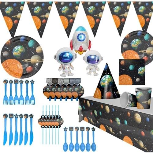 65pc-set six people party decoration birthday party supplies Tableware space planet theme party decoration arrangement children