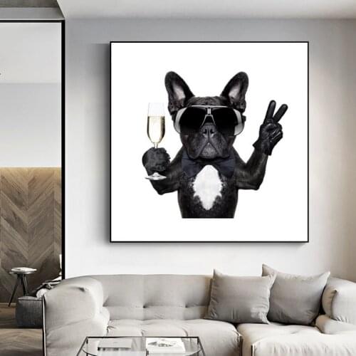 Mural Art Canvas Painting Animal Poster Modern Bulldog Drinking 82 Years Lafite Sunglasses Home Decor Picture