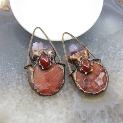 Natural Red Agates Inlay Amethysts Geode Vintage Quartz Pendants For Women Necklace DIY Healing Jewelry Gift Making Accessories