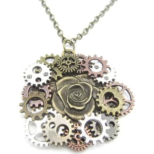 2018 New Style Antique DIY Gears Around Steampunk Rose Pendant Necklace