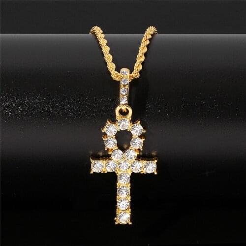 Gothic Cross Pendant Necklace Women Men Religious Jewelry Gold Silver Color Bling Crystal Ice Out Ankh Cross Christian Gift