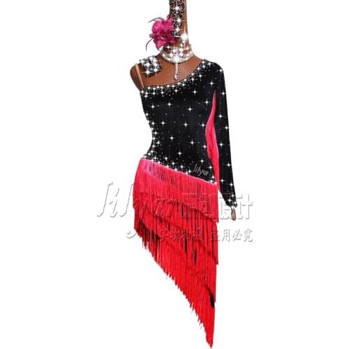 Latin Dance Dress Women Salsa Costumes red black fringe tassel Latin Dresses crystal rhinestone