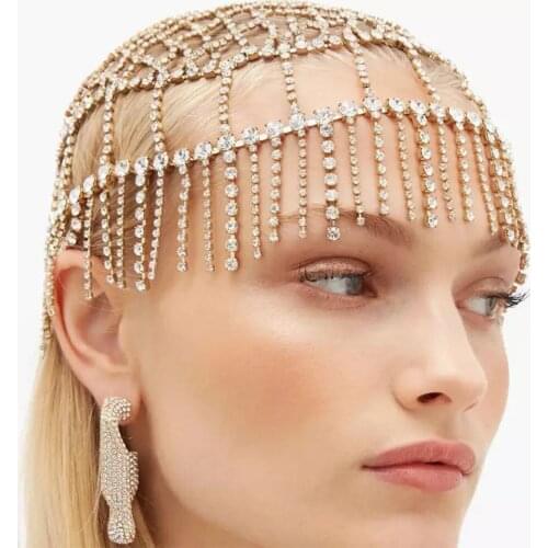 Stonefans Hollow Rhinestone Head Chain Wedding Tiara for Bride Crystal Headbands Hair Chain Female Tassel Forehead Headwear Hat