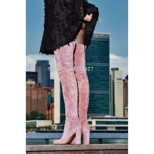 Pink Suede Chunky Heel Women Long Boots Fashion Blue Red Thigh High Boots Lady New Large Size Over the Knee Party Boots Dropship