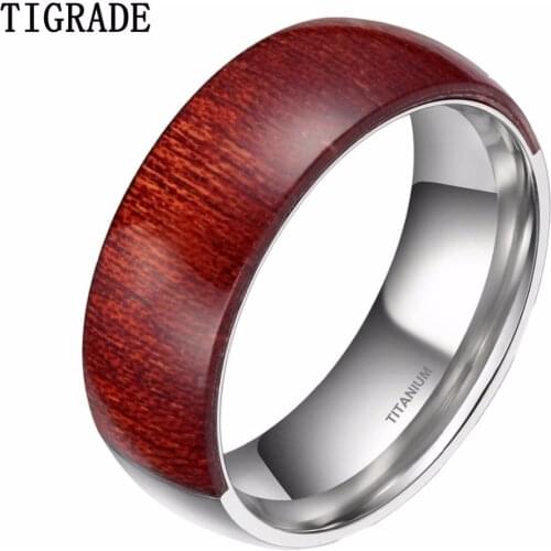 TIGRADE 8mm Men Ring Half Wood Inlay Half Titianium Wedding Band Engagement Wooden Rings For Women Male anel anillos para hombre