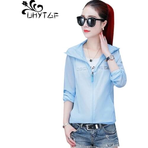 UHYTGF Ice silk sun protection clothing Anti-UV Breathable summer tops jacket women hooded thin coat short 4XL plus size top 818