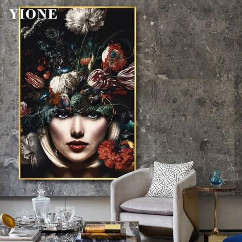 Retro Flowers Woman Canvas Painting Custom Modern Art Figure Face with Plant Posters and Prints Wall Pictures for Living Room