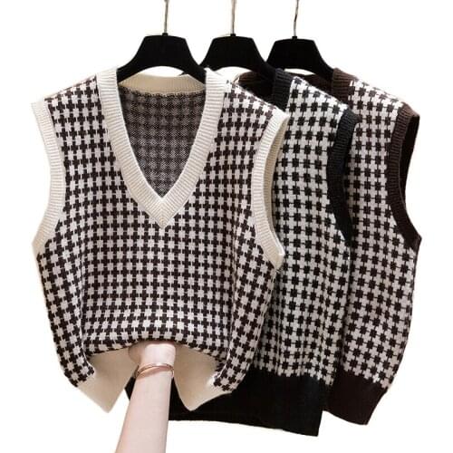 Streetwear Plaid Sweater Vest Women 2021 Autumn Winter V Neck Knitting Vest Female Sleeveless Jacket Gilet Femme