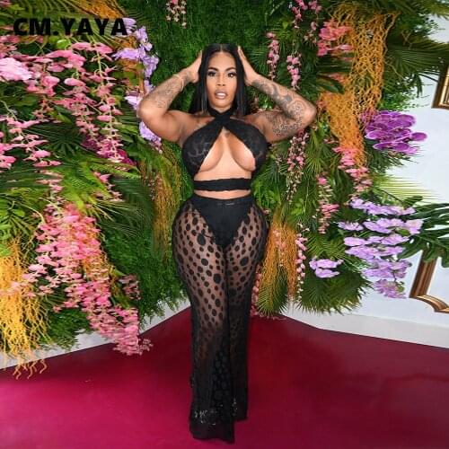 CM.YAYA Women Set Mesh See-through Dot Print Bandage Crop Tops Stretchy Long Skirts Two 2 Piece Sets Sexy Night Outfit Summer