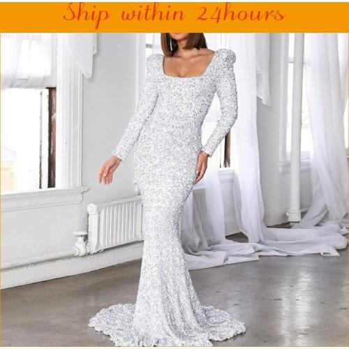 Yeinchy women sexy square collar long sleeve dress ladies Backless Long Evening Party Floor Length maxi sequin Dress FY2036