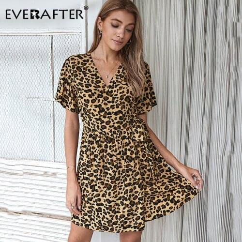 EVERAFTER Women Leopard Print Summer Dress Vintage V-Neck Short Sleeve Female Bow Office Lady Work Holiday Boho Beach Midi Dress