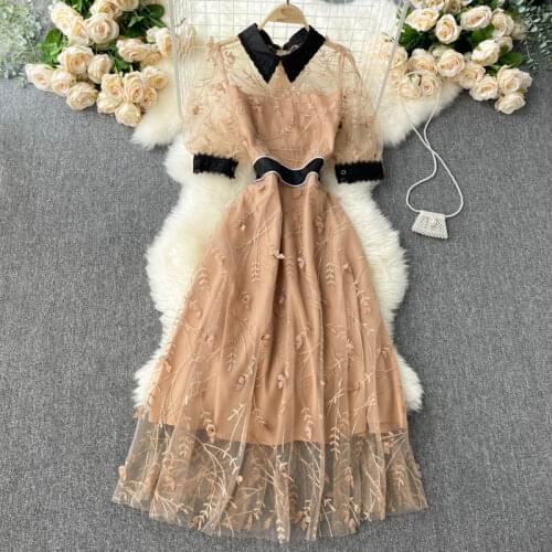 SINGREINY Butterfly Mesh Embroidery Dress Women Korean Turndown-Collar A-line Dresses Summer Elegant Streetwear Midi Sundress