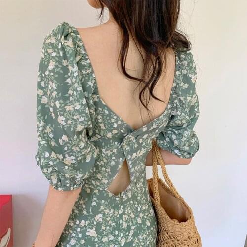 Heydress Summer Floral Dress Women Puff Sleeve Chiffon Mini Backless Dress Casual French Elegant Vintage Summer Korean Dress