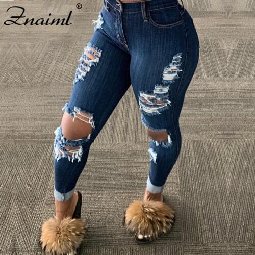 High Waist Ripped Pencil Jeans Pant for Women Tassel Hole Pants Blue Streetwear Plus Size Ladies Solid Color Jeans