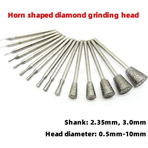 1Pcs Horn Shaped Diamond Head Coated Abrasive Mounted Stone Tool Grinding Burr Wheel Fits Craftsman Rotary Tools Bit Burrs Jade